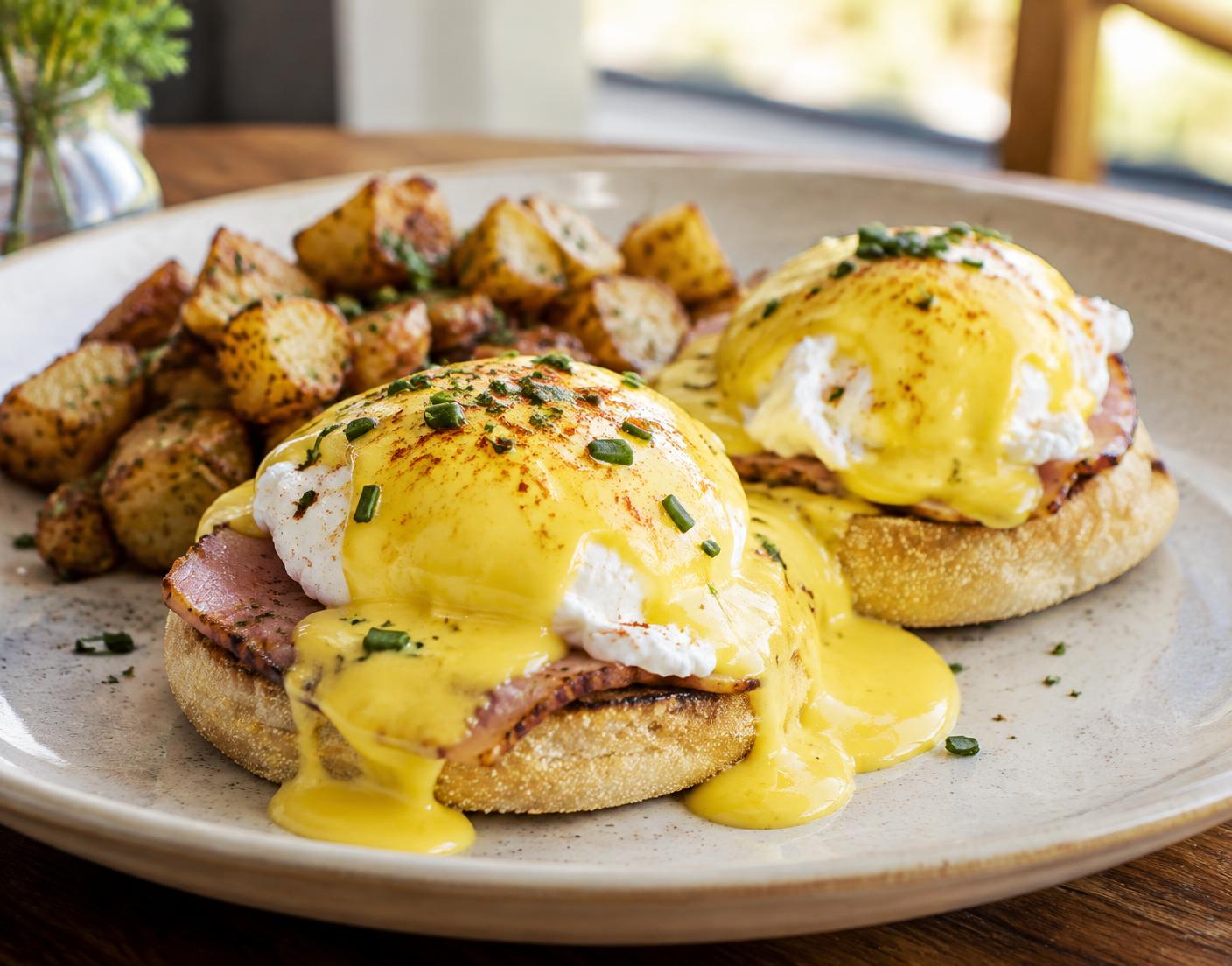 Classic eggs Benedict with breakfast potatoes