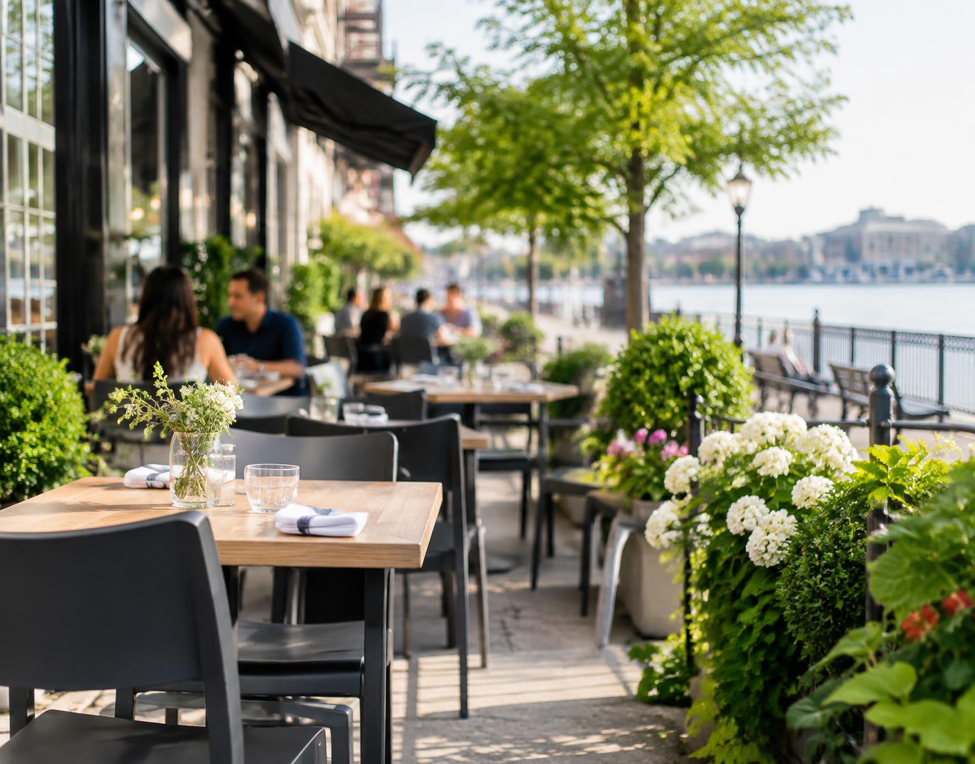 Outdoor neighborhood cafe seating in warm morning light